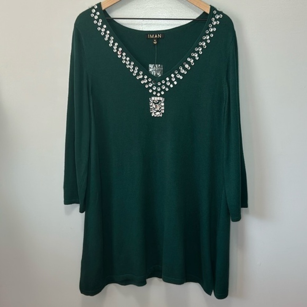 "NWOT" IMAN‎ Rhinestone V-Neck 3/4 Sleeve Cashemere Blend Green Sweater- Size XL